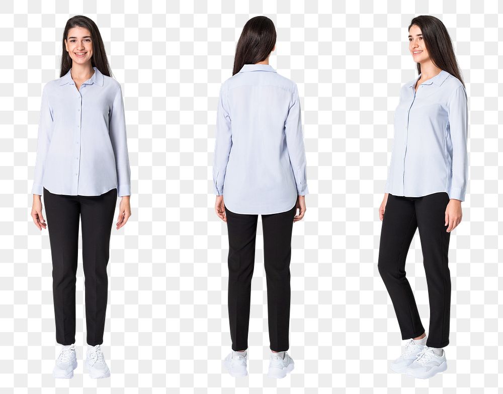 Woman png mockup in blue shirt casual wear full body set