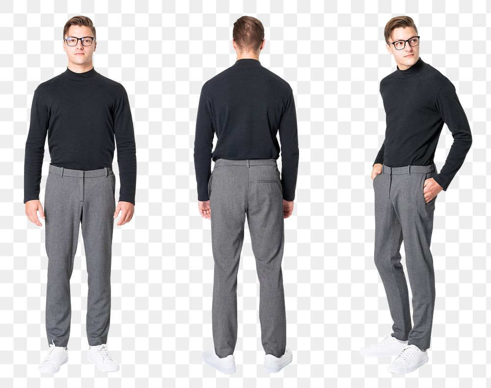 Man png mockup in black turtleneck shirt with slacks men&rsquo;s casual business wear set