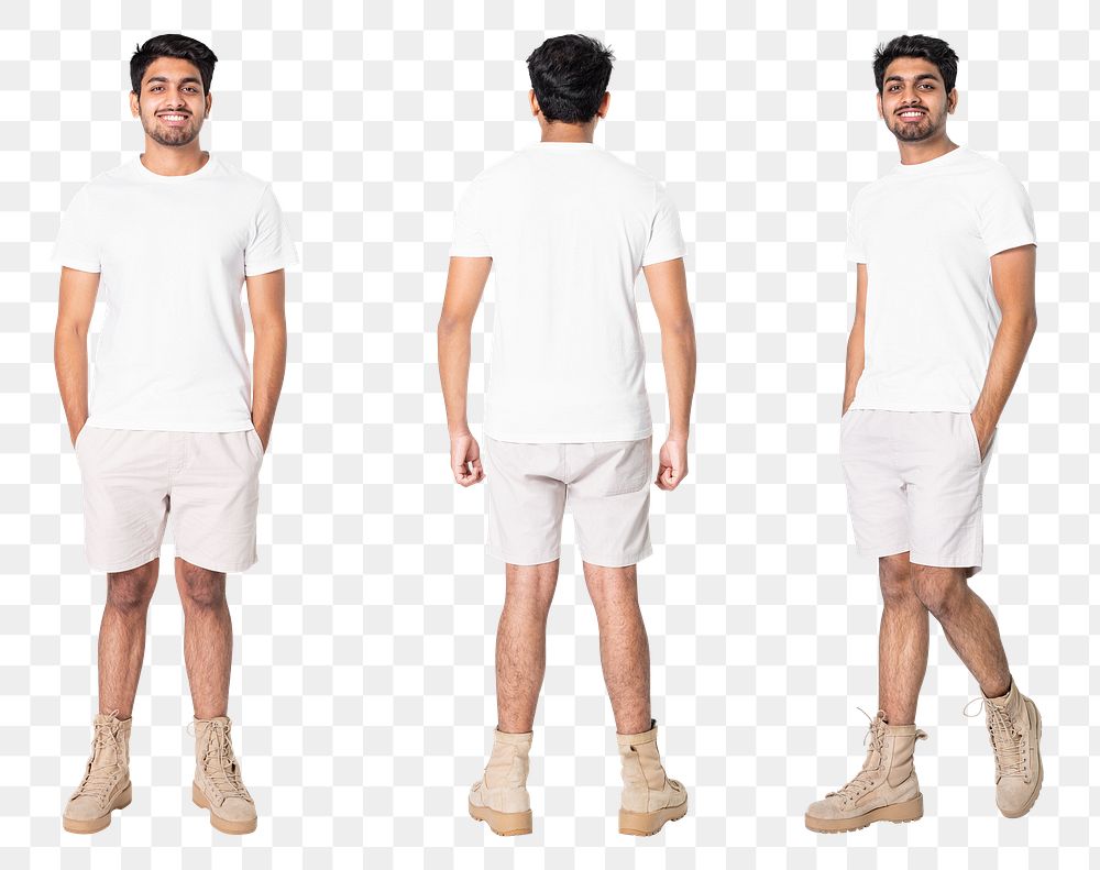 Man png mockup in white t-shirt basic wear full body set