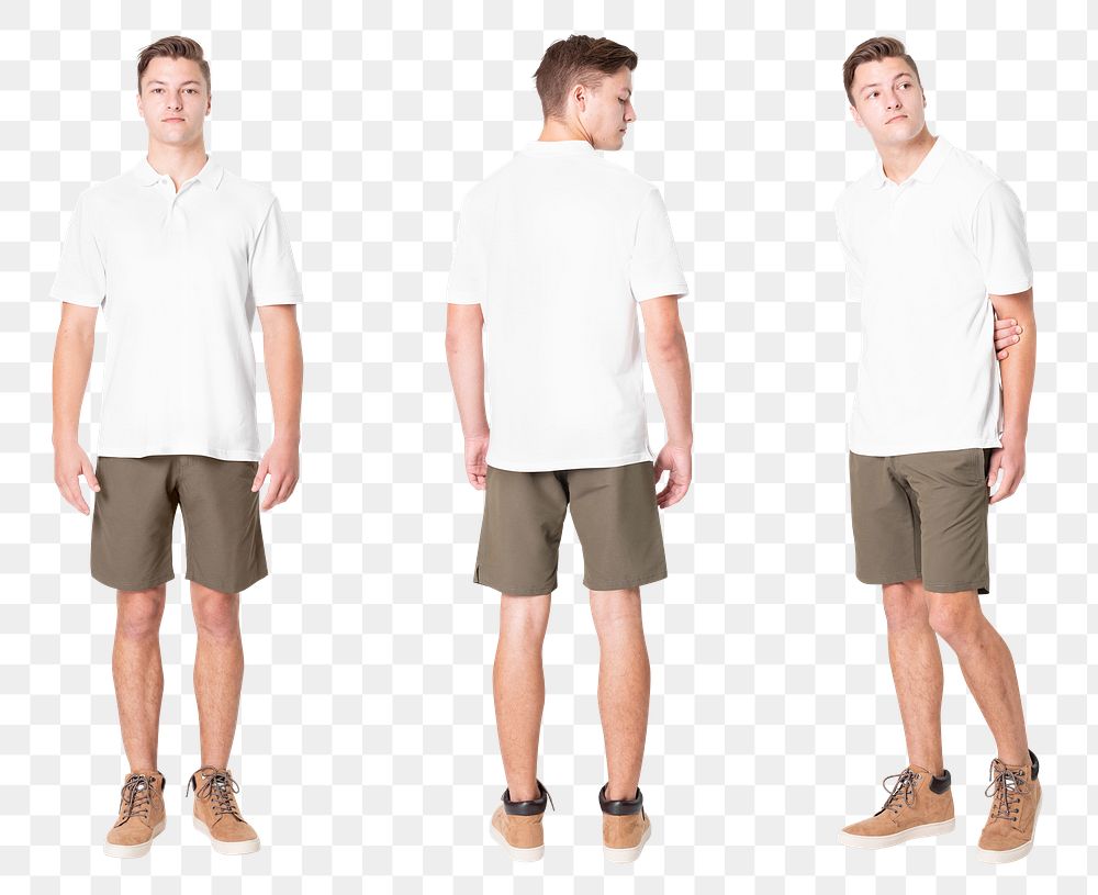 Man png mockup in white polo casual business wear full body set