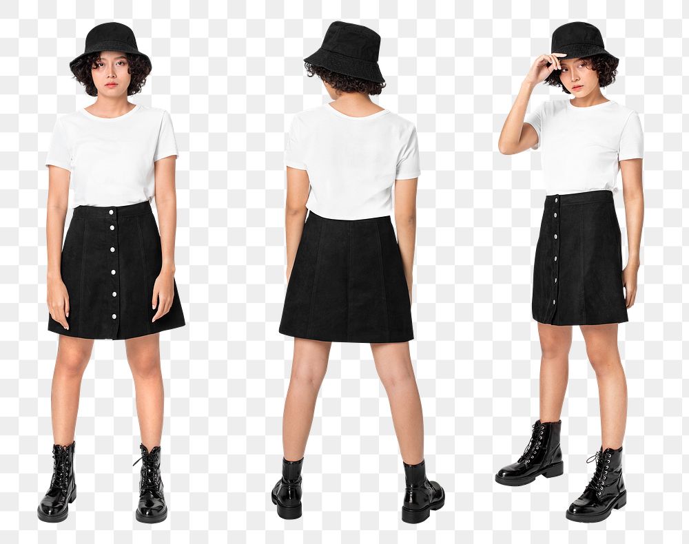 Woman png mockup in white t-shirt top and skirt streetwear apparel set