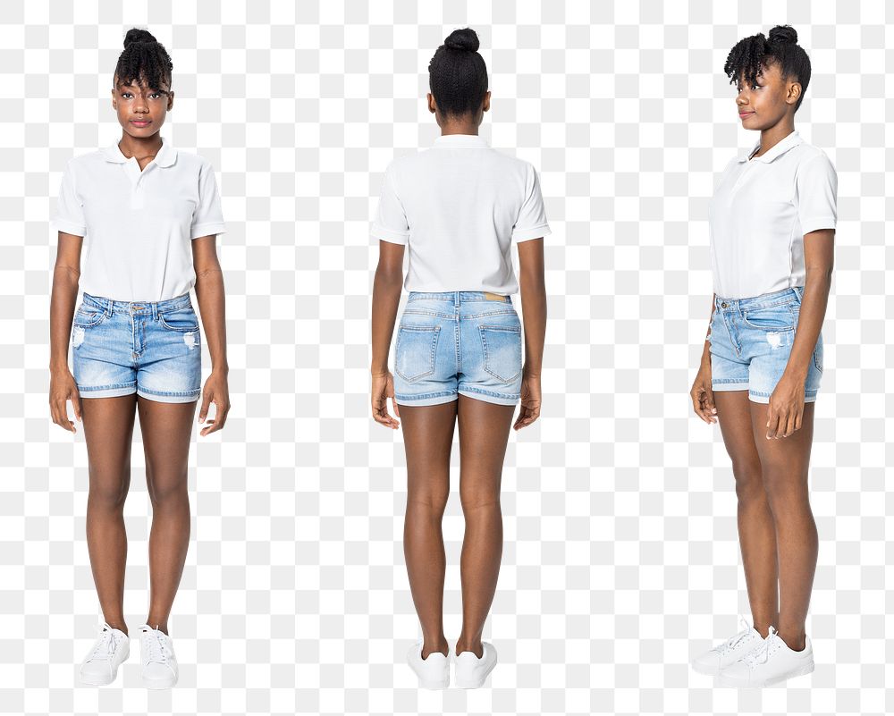  Woman png mockup in white polo shirt with denim shorts casual wear set