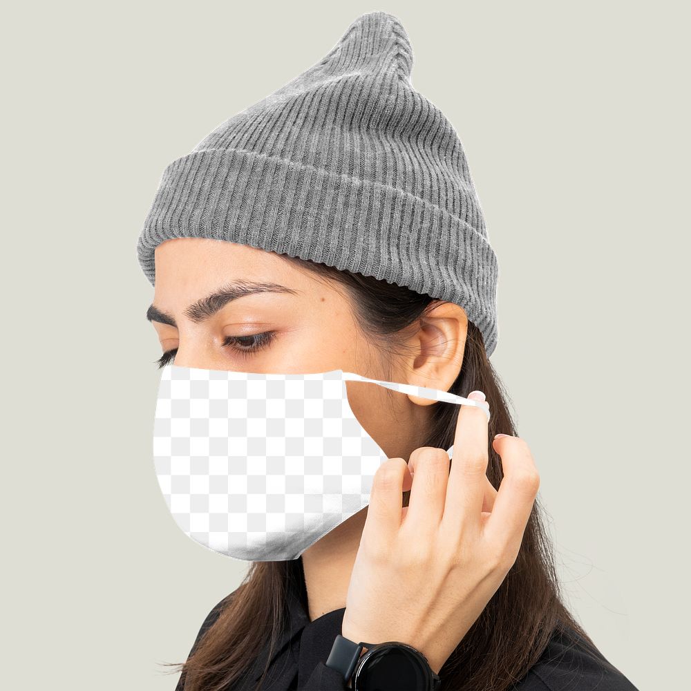 Png mask transparent mockup woman wearing knitted hat