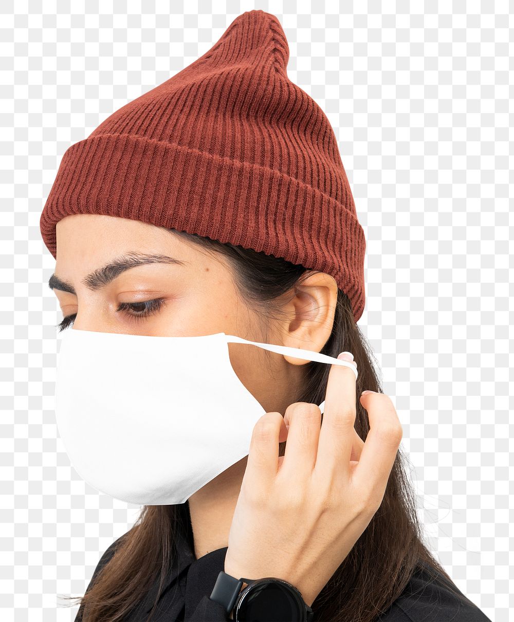 Png asian woman mockup wearing mask and red knitted hat