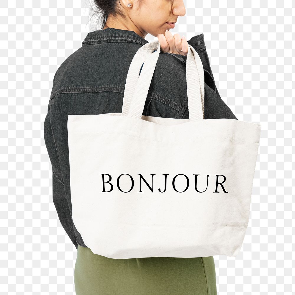 Png white tote bag mockup with Bonjour typography accessory studio shoot