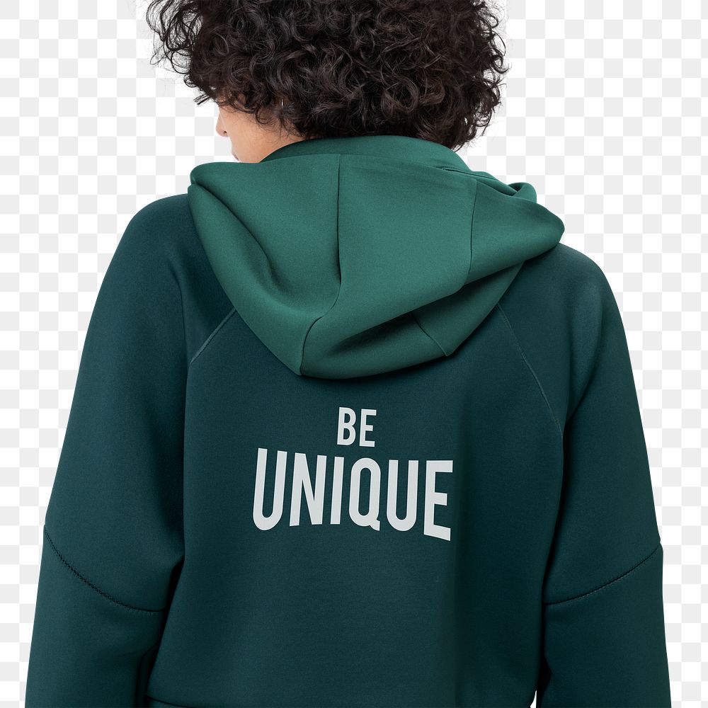 Png women&rsquo;s green hoodie with quote winter fashion shoot rear view