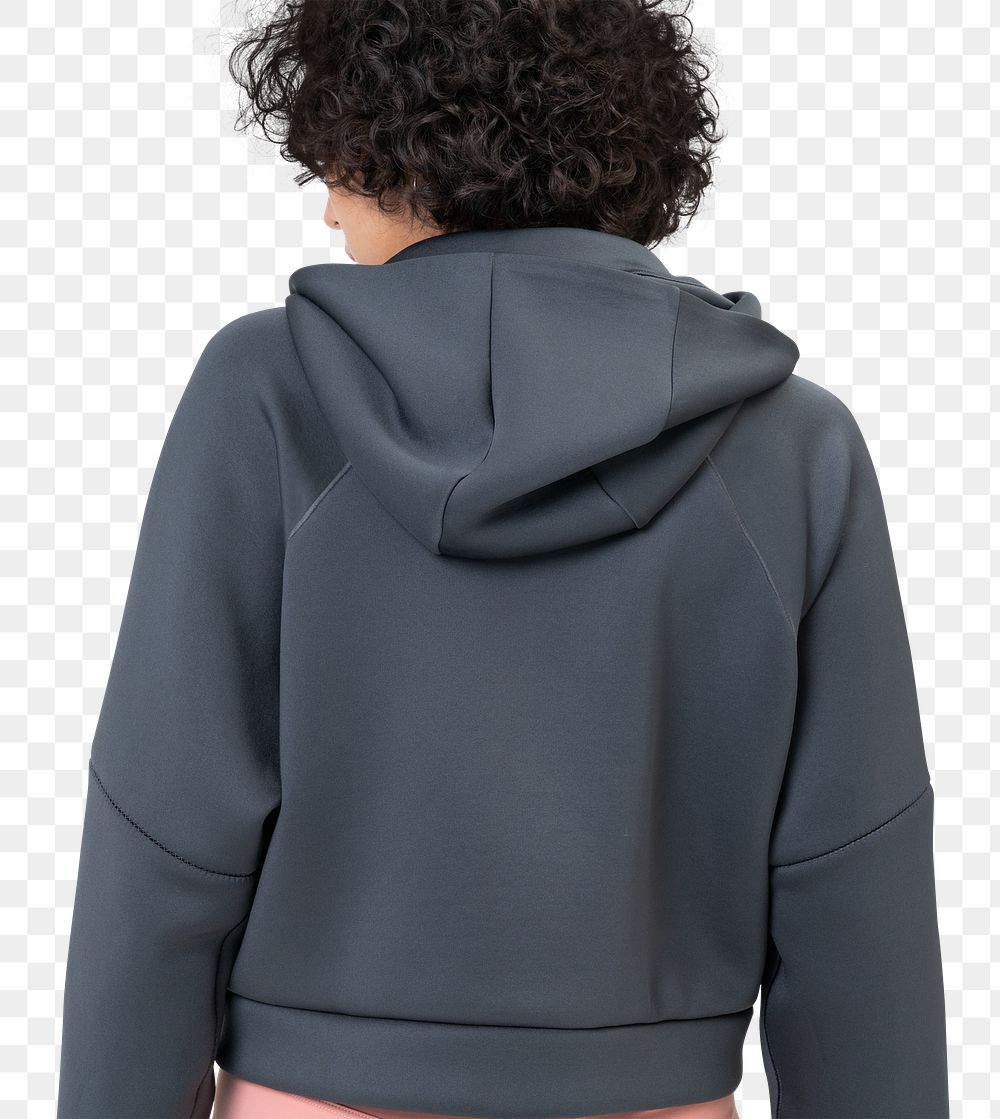 Png woman wearing gray hoodie for winter apparel shoot