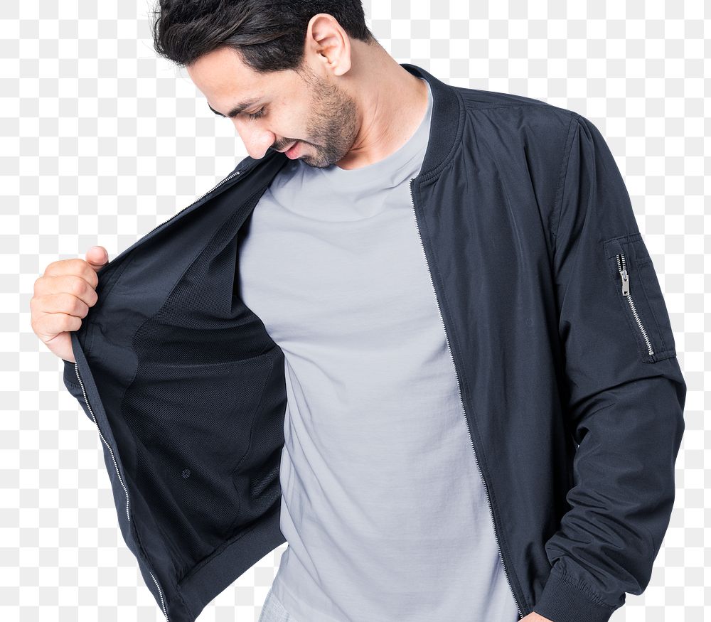 Png man mockup in navy simple jacket on transparent background
