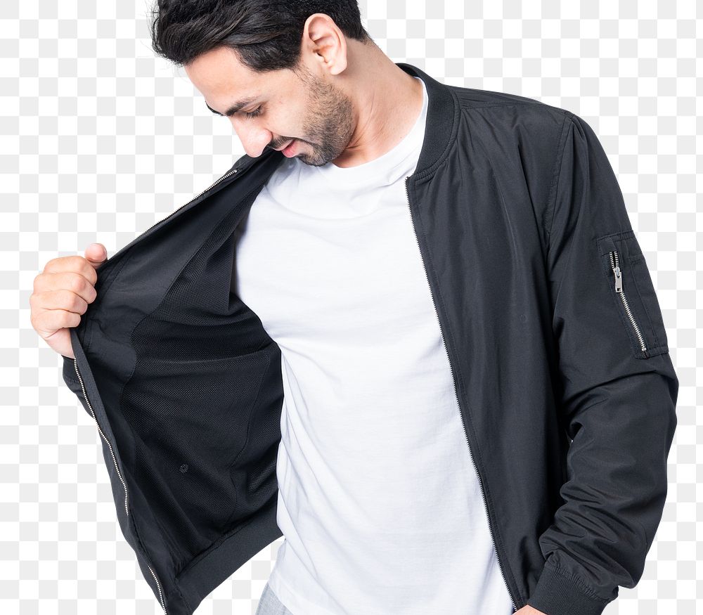 Png man mockup in black simple jacket on transparent background
