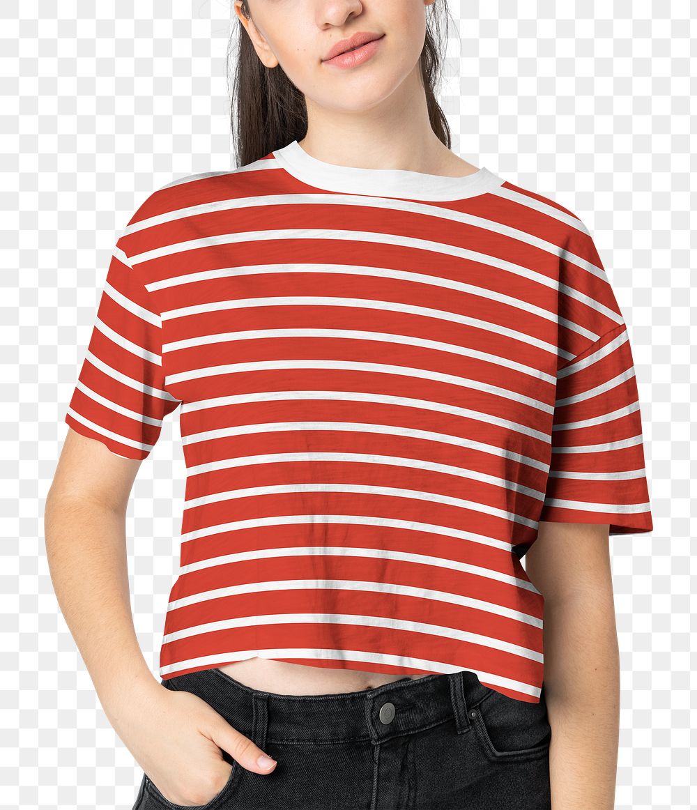 Png woman in striped color crop top mockup with design space