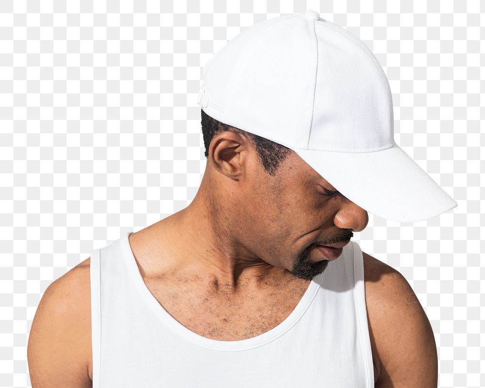 Png African American man mockup wearing white cap on transparent background 