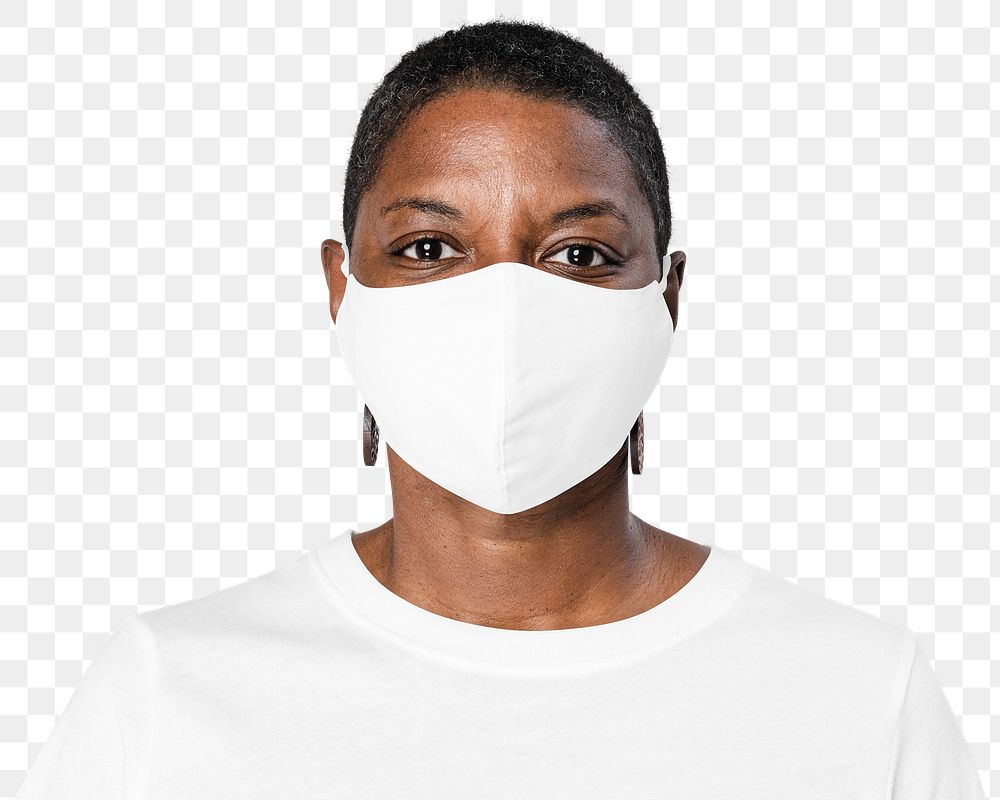 Png African American woman mockup wearing mask on transparent background