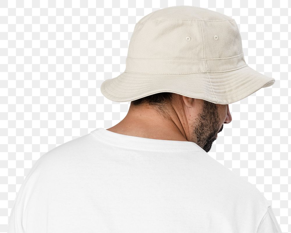 Png man mockup wearing bucket hat on transparent background, rear view