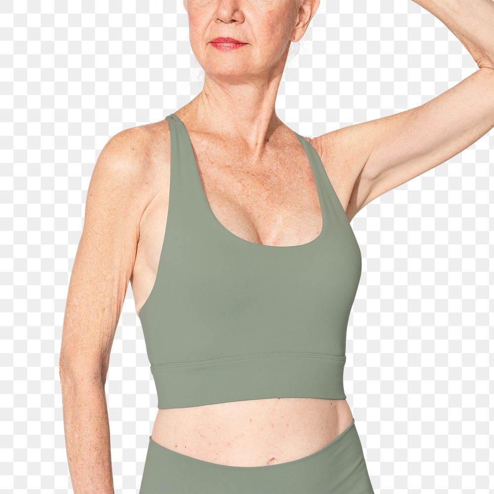 Senior woman png mockup in green sports bra activewear apparel close up