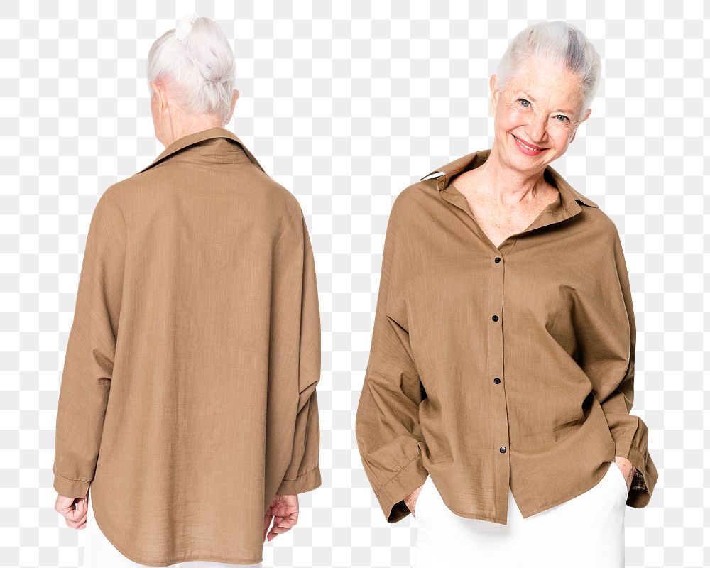 Senior woman png mockup in brown oversized shirt fashion