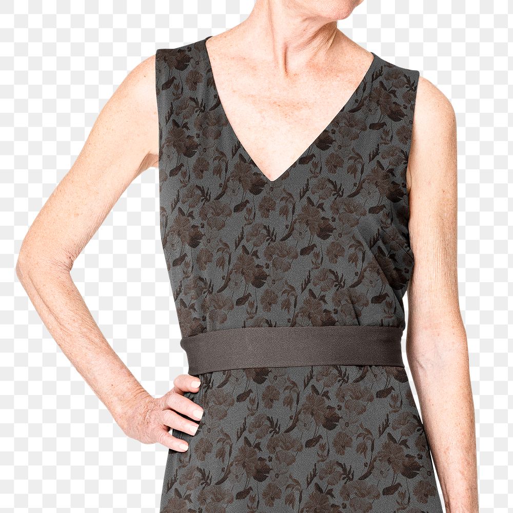 Senior woman png mockup in black floral midi dress
