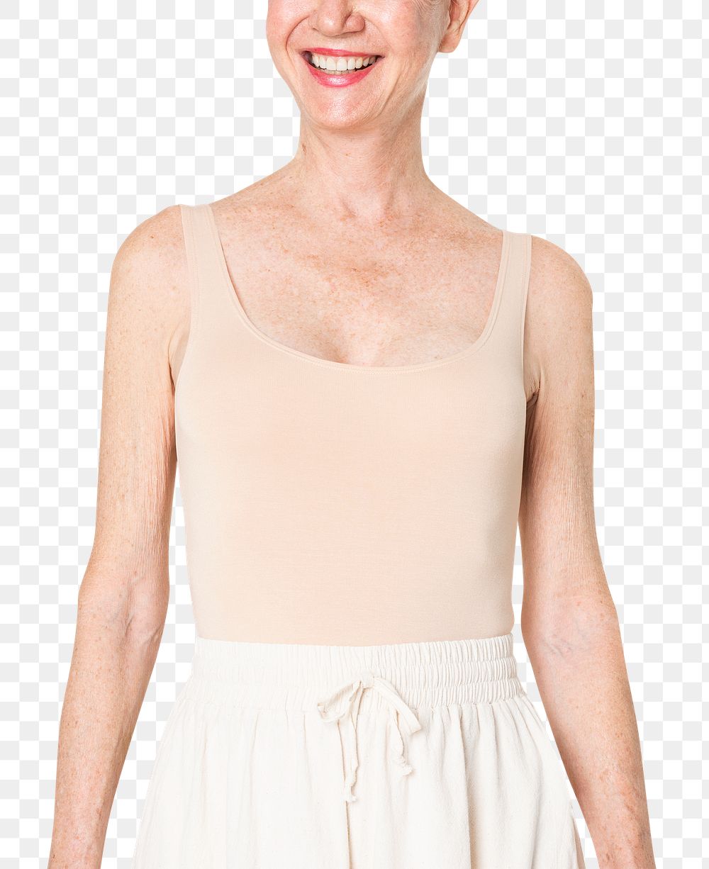 Nude tank top png mockup bodysuit summer apparel on senior woman