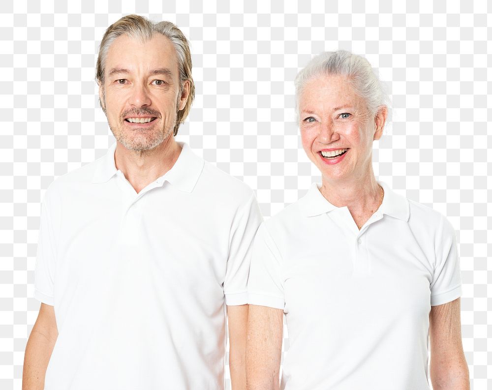 Senior couple png mockup in white polo shirt on transparent background
