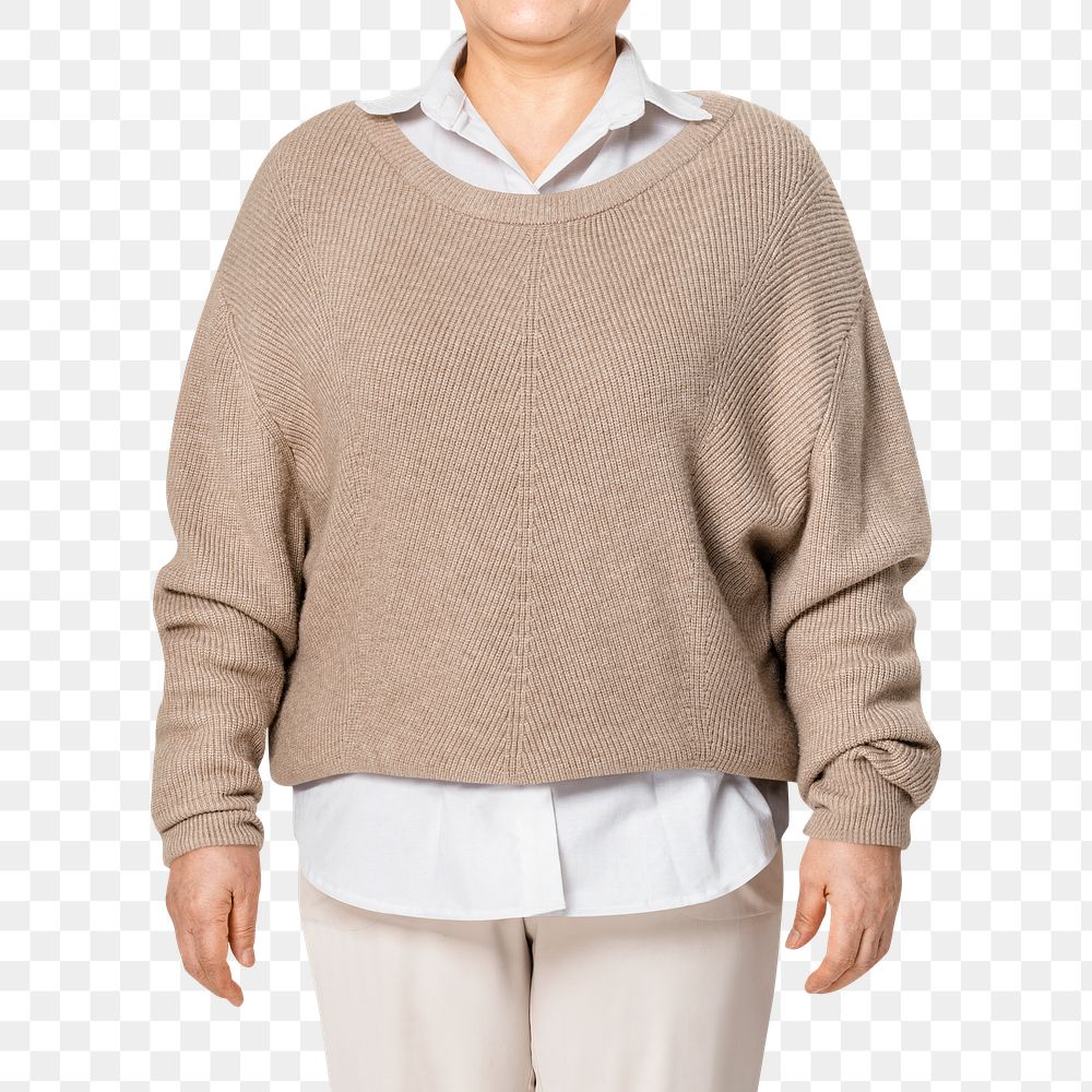 Brown sweater png mockup casual apparel on mature Asian woman