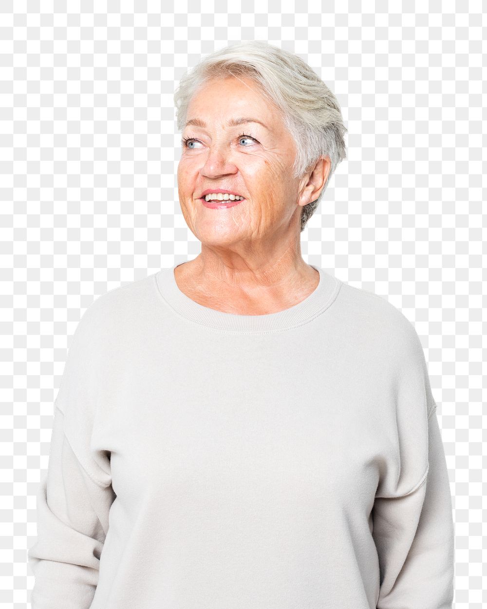 Mature woman mockup png in gray sweater senior unisex casual apparel close up