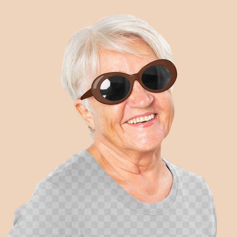 T-shirt png transparent mockup with senior woman in sunglasses summer apparel