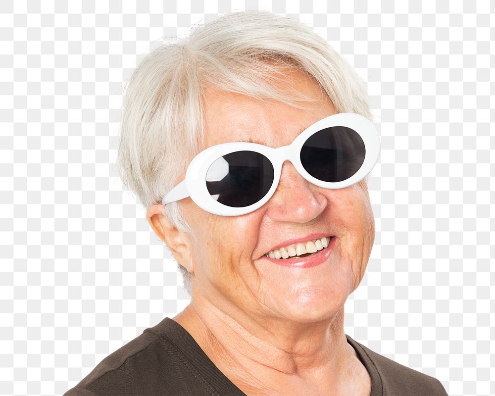 Fashionable senior woman png transparent, wearing sunglasses face portrait