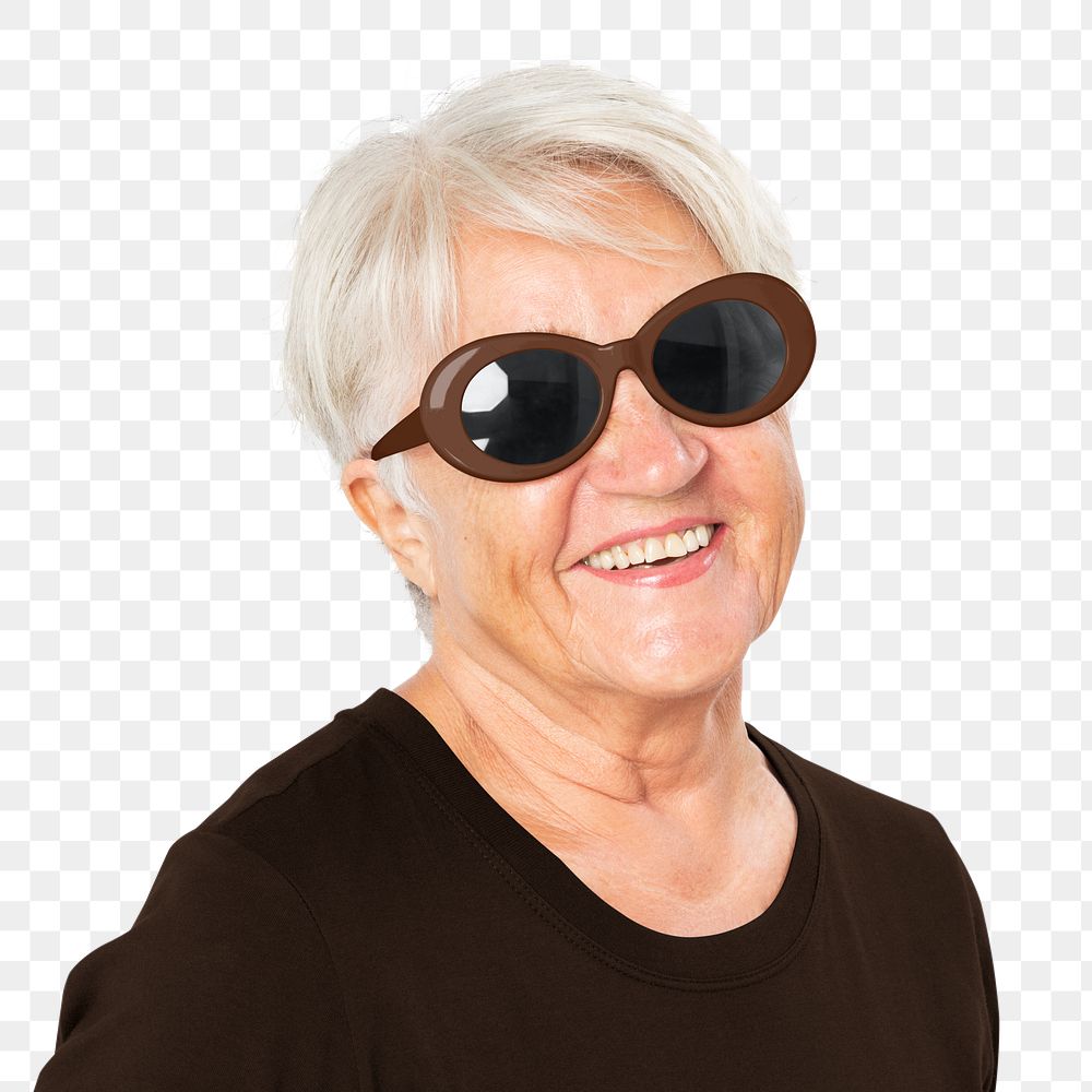 Png happy senior woman mockup wearing black sunglasses summer apparel