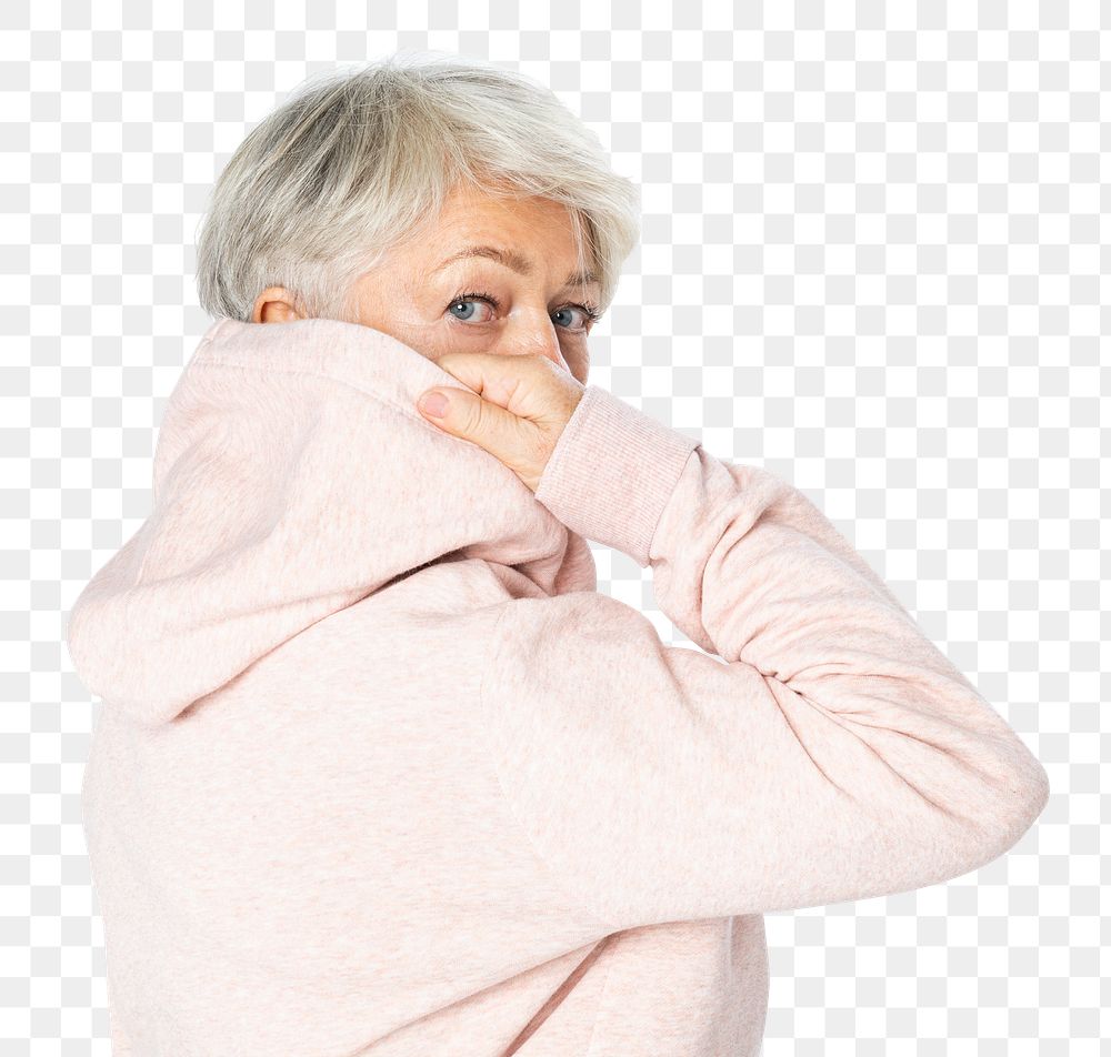 Senior woman png mockup in pink hoodie casual apparel rear view