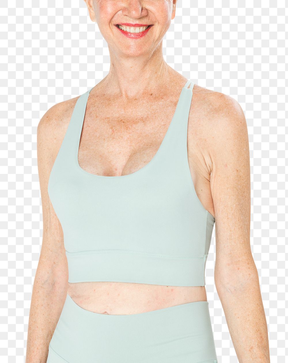 Senior woman png mockup in gray sports bra activewear apparel close up