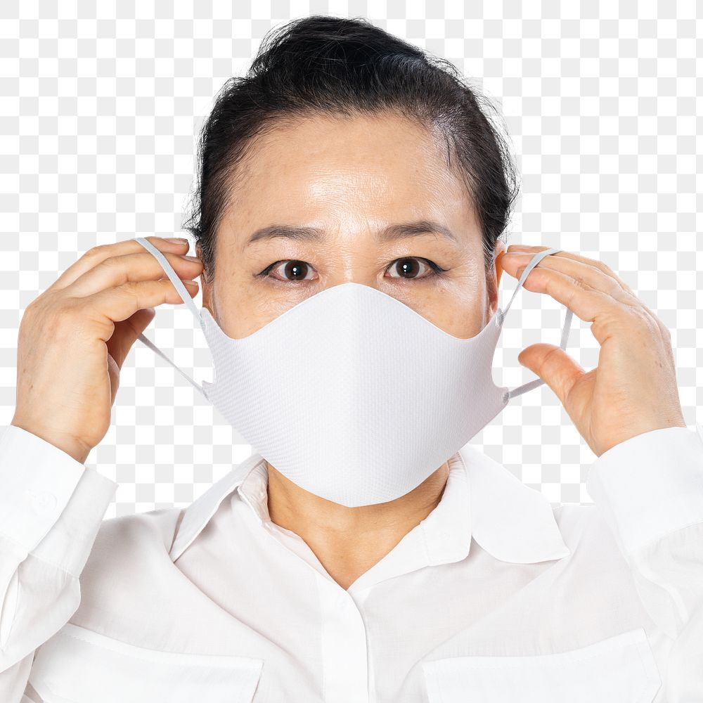 Mature woman png mockup wearing face mask covid-19 protection