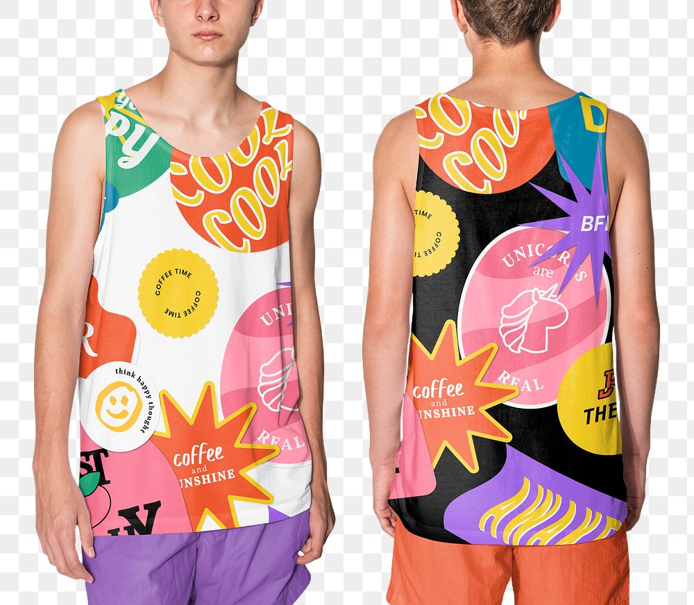 Png man mockup in colorful printed tank top summer fashion shoot