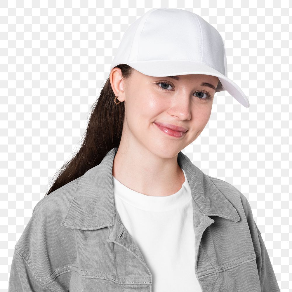 Png girl mockup in white cap and jeans jacket studio shoot