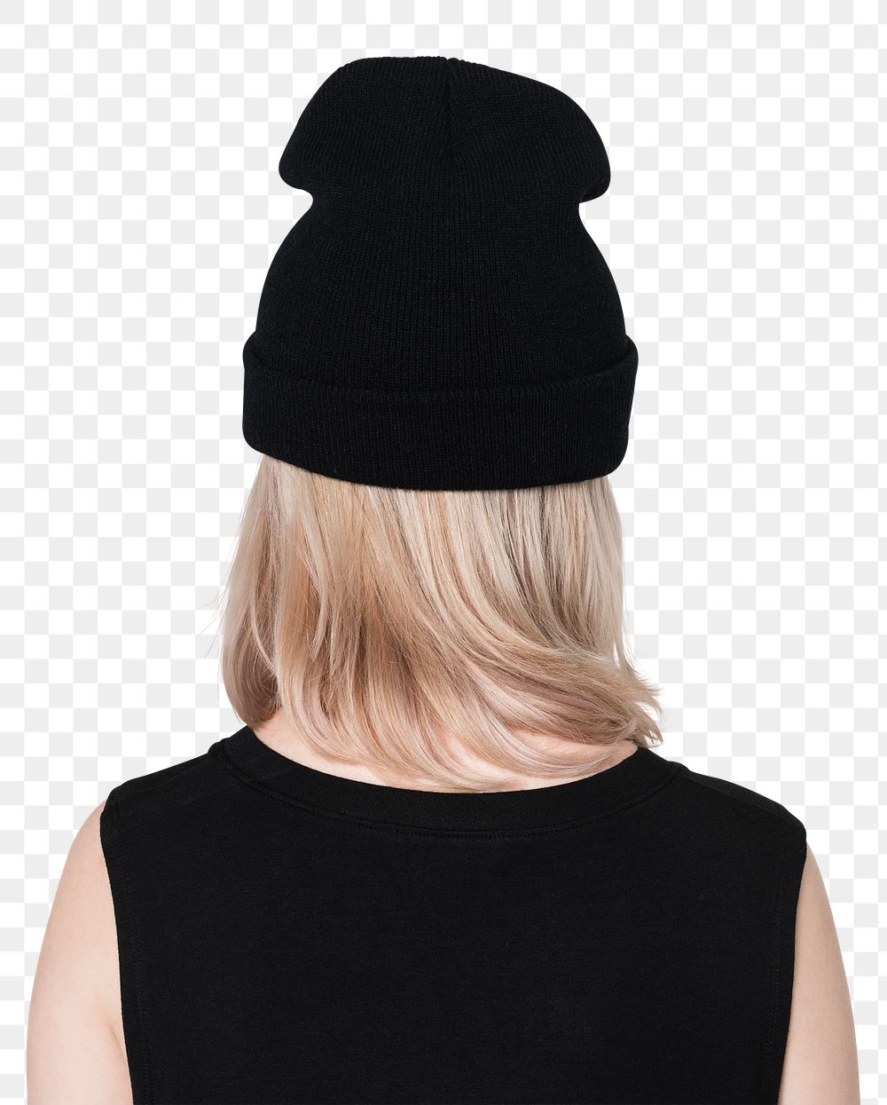Png black beanie mockup winter apparel shoot rear view