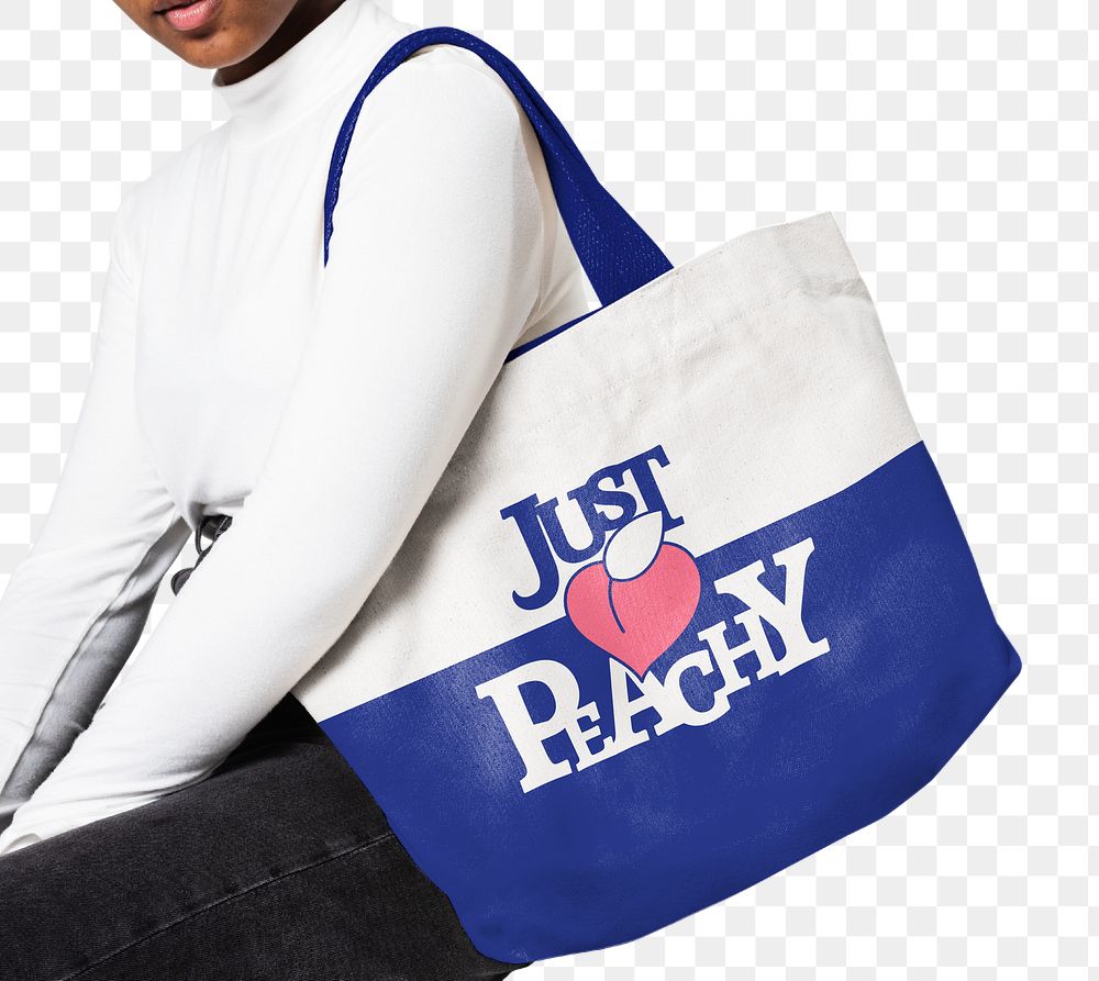 Png blue tote bag mockup with just peachy design