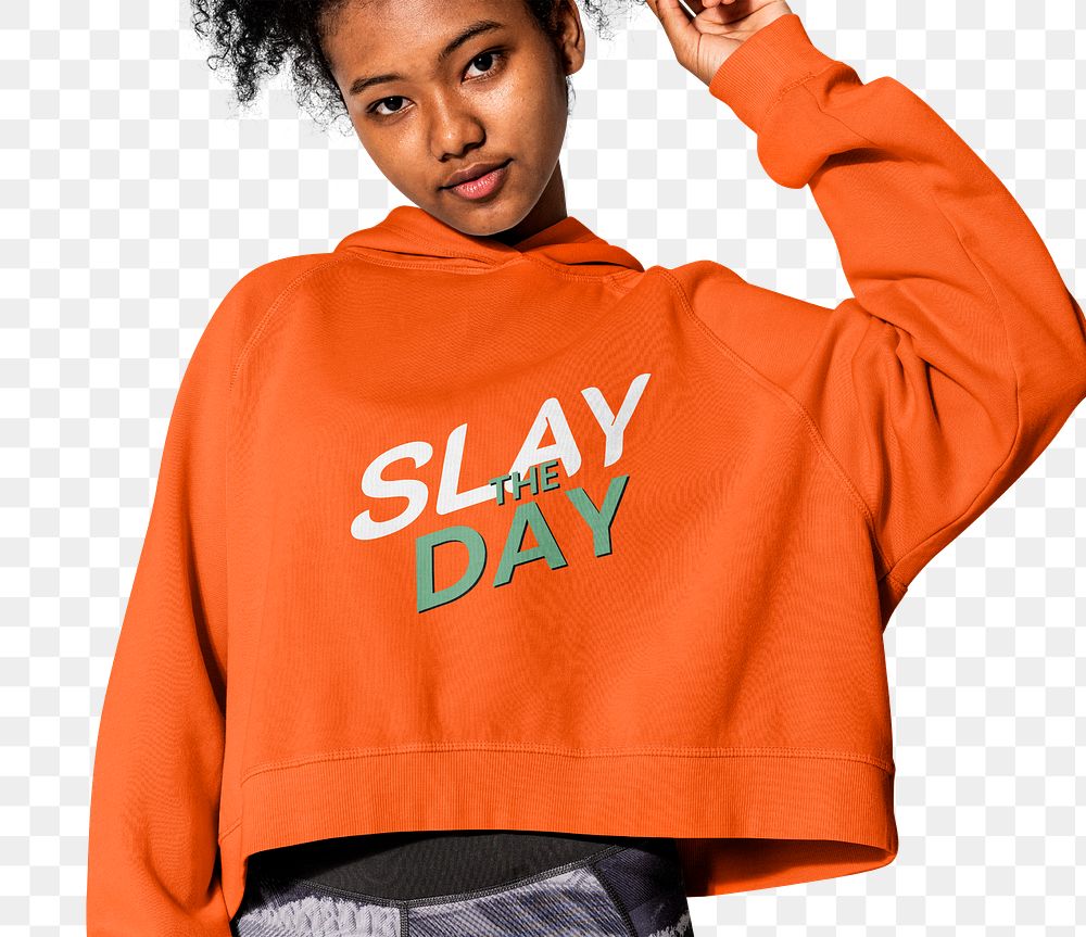 Png girl mockup in orange hoodie with Slay The Day quote street fashion