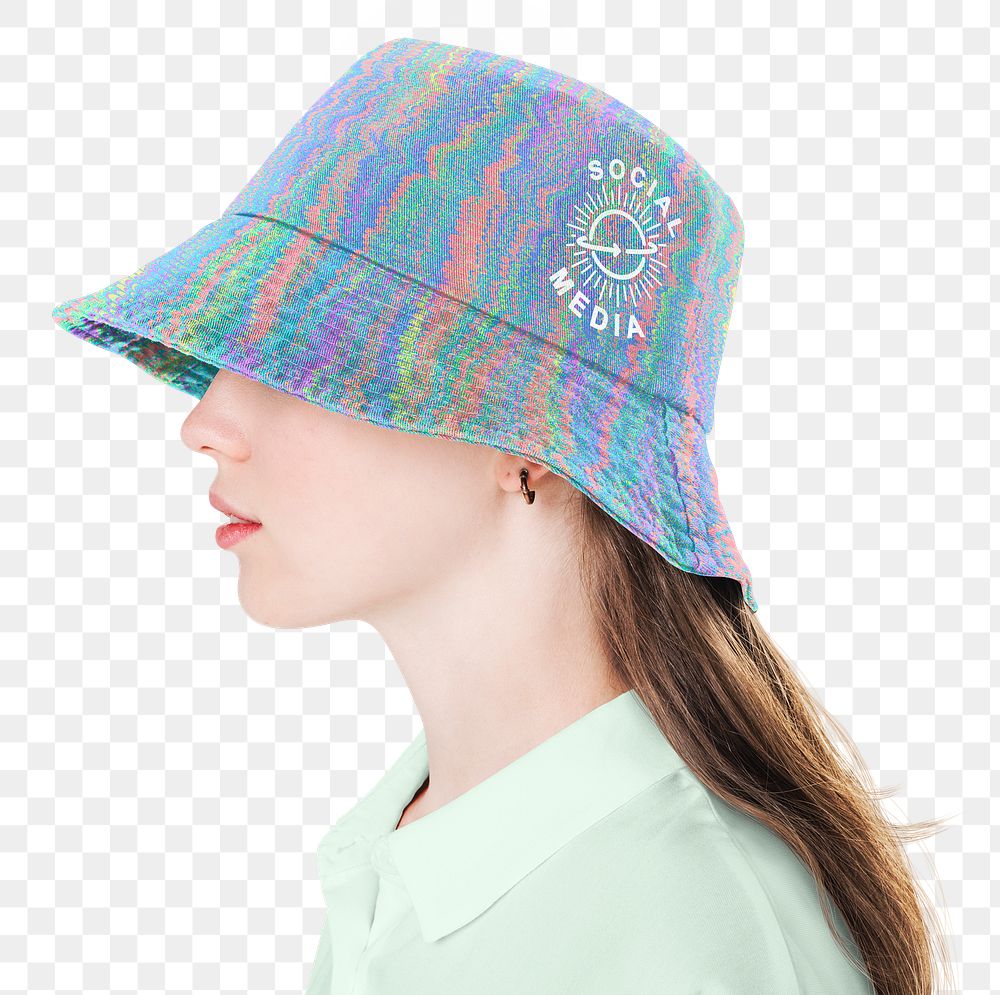 Png girl mockup in colorful holographic bucket hat with logo teen&rsquo;s apparel shoot