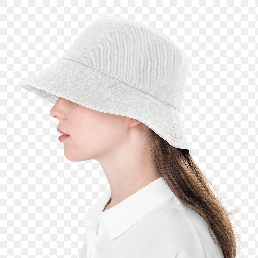 Png girl mockup with white bucket hat basic teen&rsquo;s apparel shoot