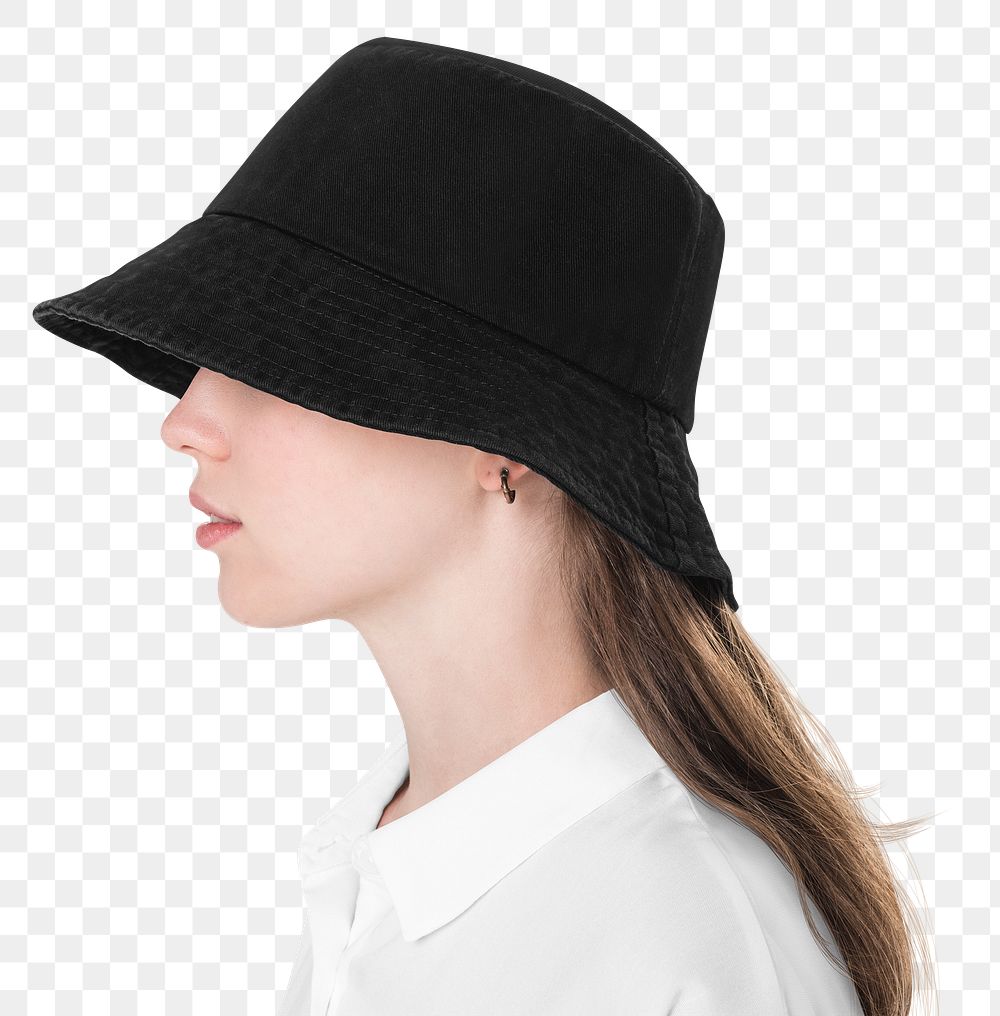 Png girl mockup with black bucket hat basic youth apparel shoot