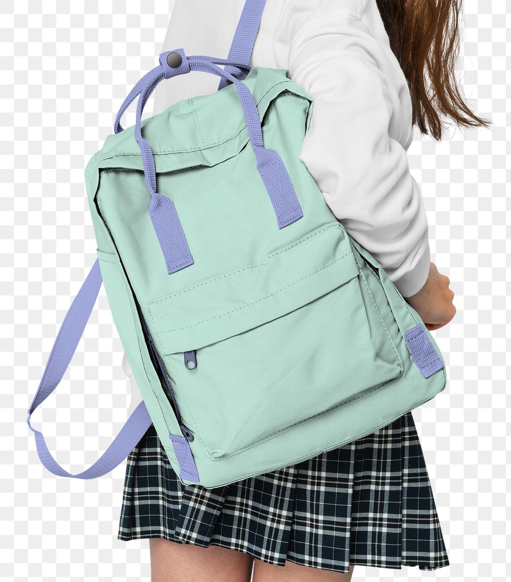 Png student mockup wearing green backpack on transparent background with design space