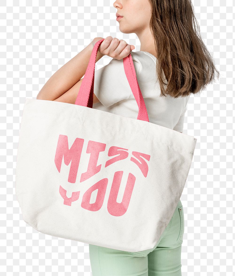 Png beige tote bag mockup with pink MISS YOU typography