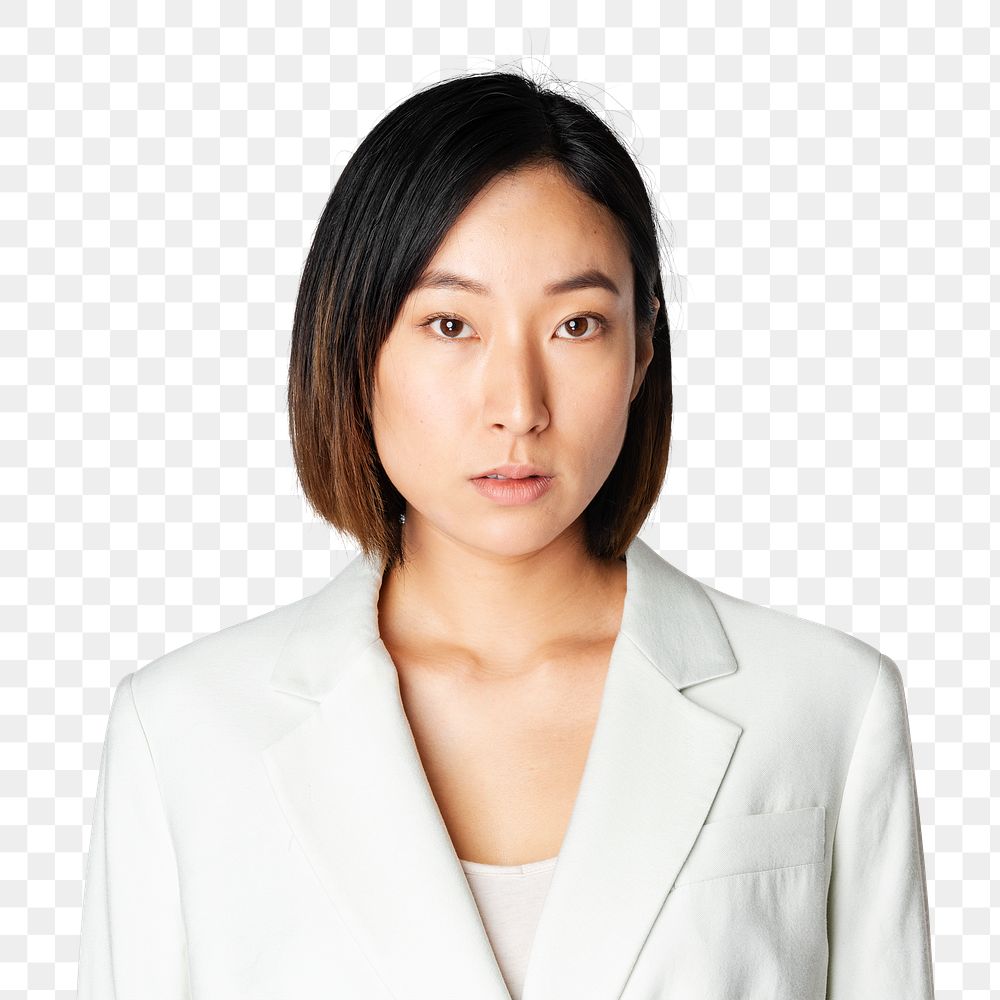 Portrait of young businesswoman png mockup in white suit