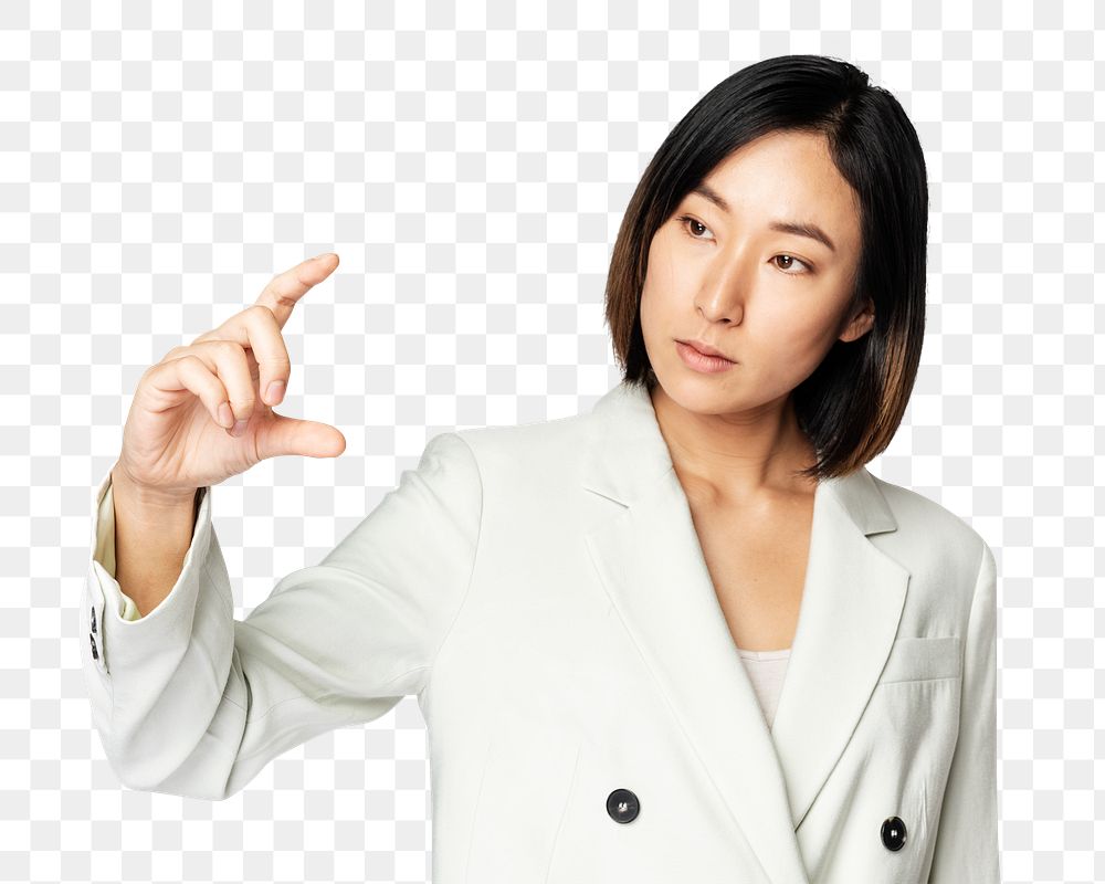 Asian businesswoman png mockup touching virtual screen