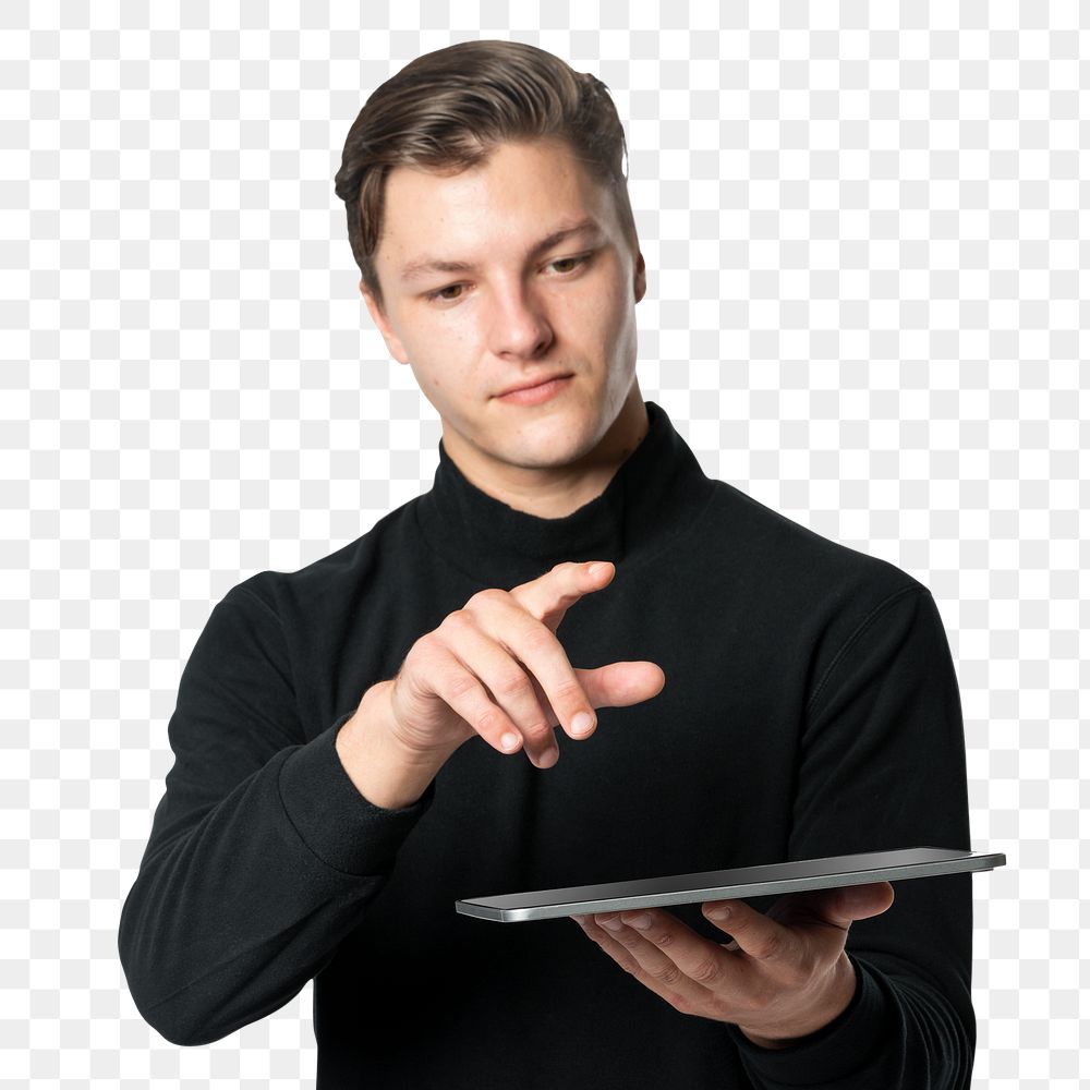 Man using digital tablet png mockup smart technology