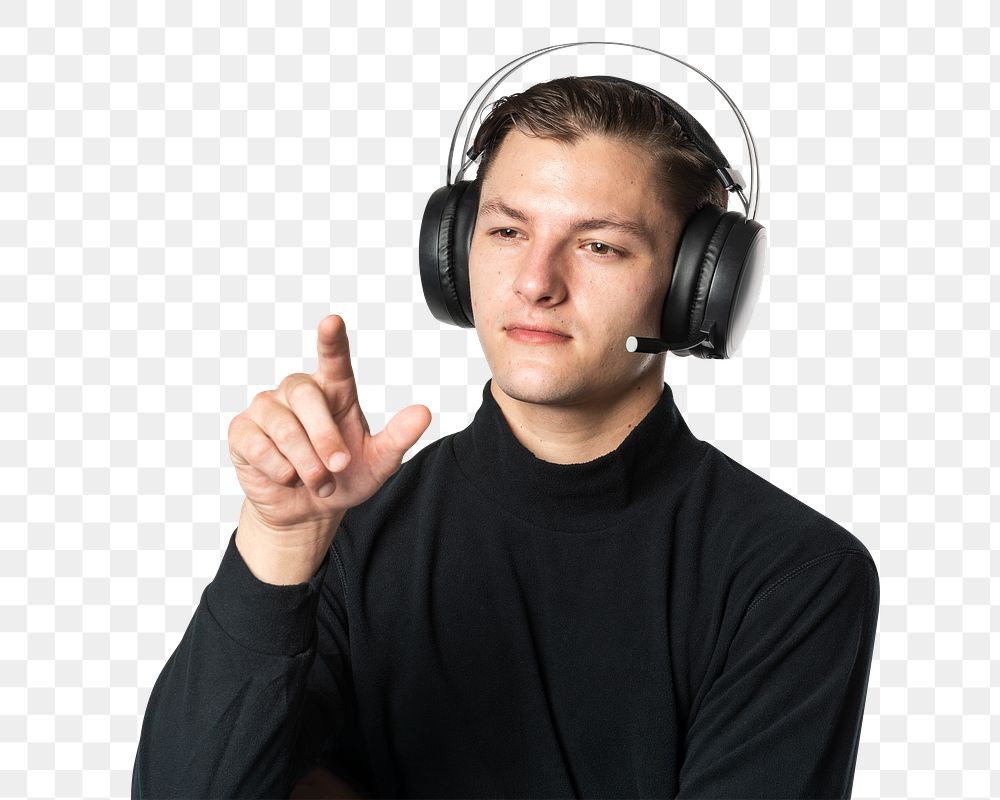 Man with headphones png pointing out his finger