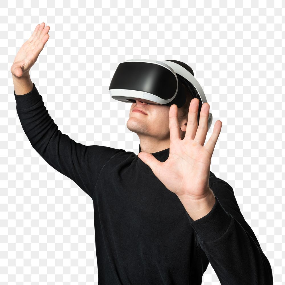 Man with VR headset png mockup touching invisible screen futuristic technology