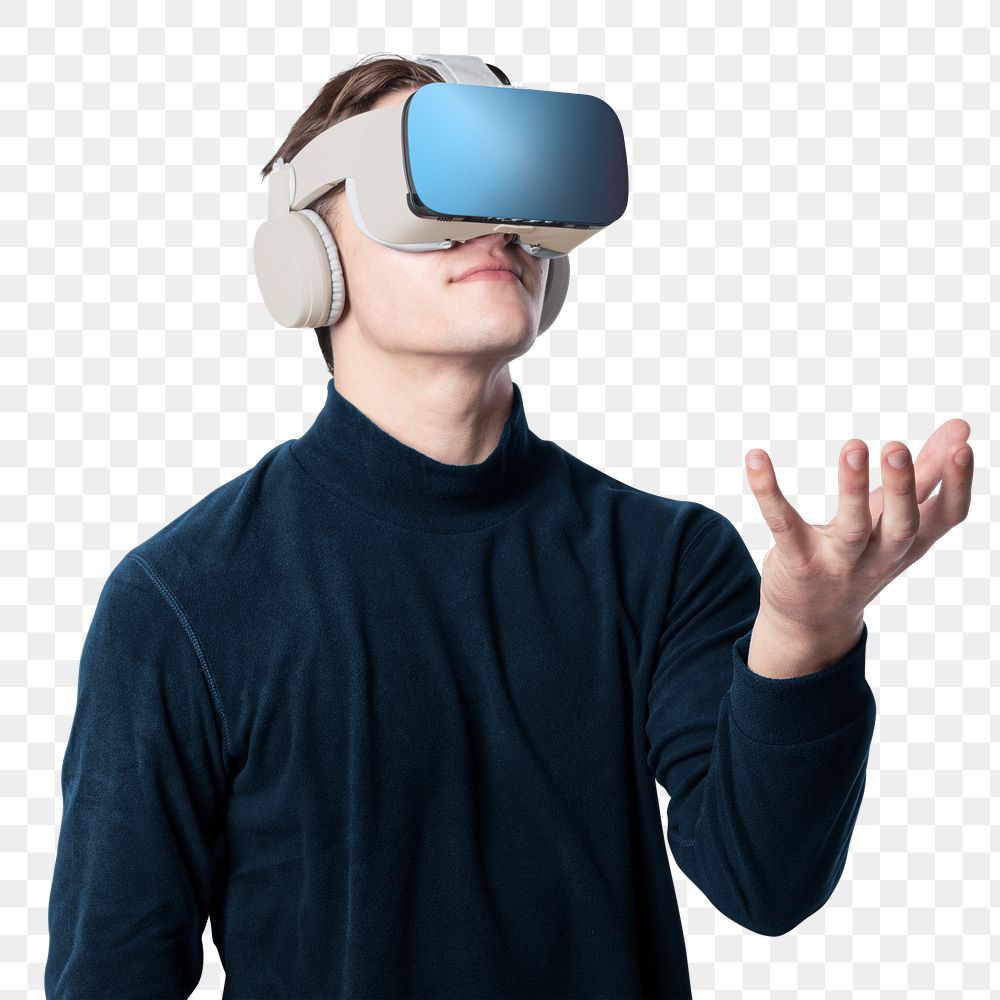 Man with VR headset png mockup touching invisible object smart technology