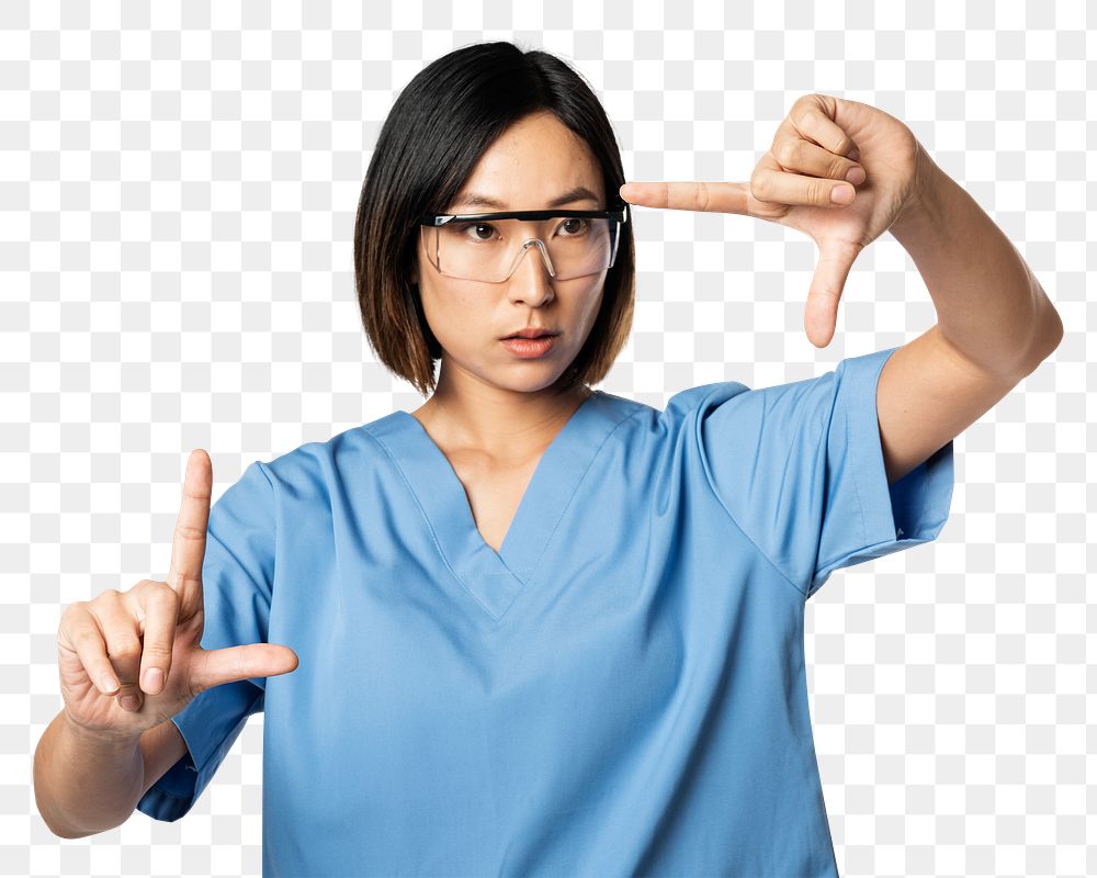 Asian woman doctor png mockup gesturing toward transparent screen