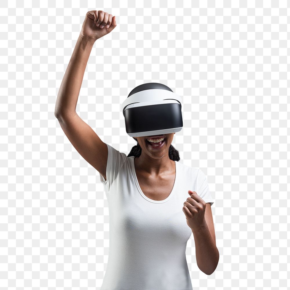 Woman with VR headset png cheering with excitement