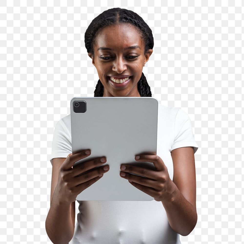 Woman holding tablet mockup png with transparent background