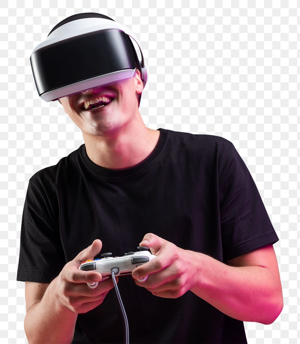 Man playing game with VR headset and controller virtual reality experience
